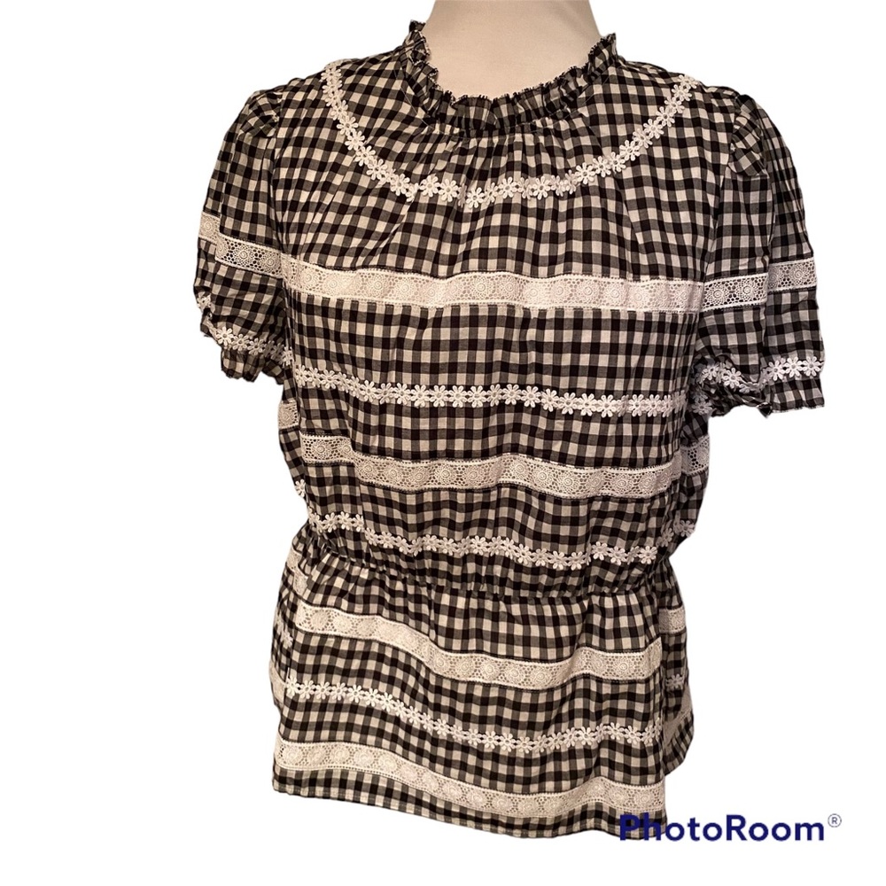 J. CREW NEW TOP BLOUSE BLACK WHITE GINGHAM CHECK LACE SHORT PUFF SLEEVE SIZE M